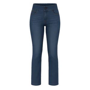 pantalón jean stretch para dama con pretina alta, diseño entallado, dos bolsillos traseros y uno relojero, cierre con cremallera y bota recta