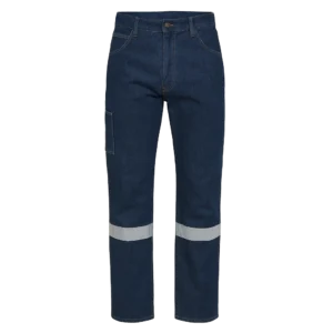 pantalón jean 100% algodón con cinta reflectiva y diseño clásico de cinco bolsillos