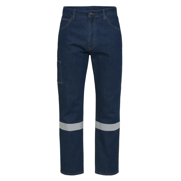 pantalón jean 100% algodón con cinta reflectiva y diseño clásico de cinco bolsillos