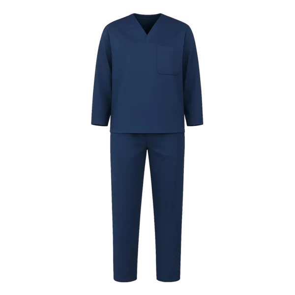 Pijama en dacrón compuesta por camisa de manga larga con cuello en V y bolsillo frontal, y pantalón con cintura resortada.