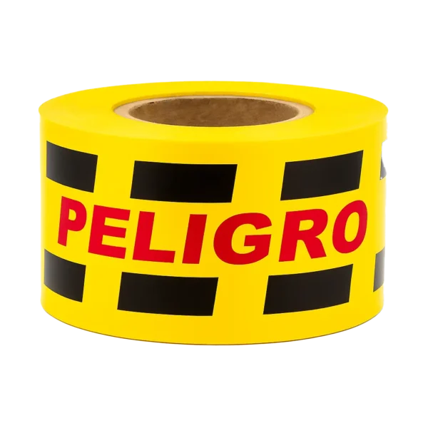 Rollo de cinta de señalización roja con texto negro y barras diagonales, 9 cm x 500 m, material polietileno.
