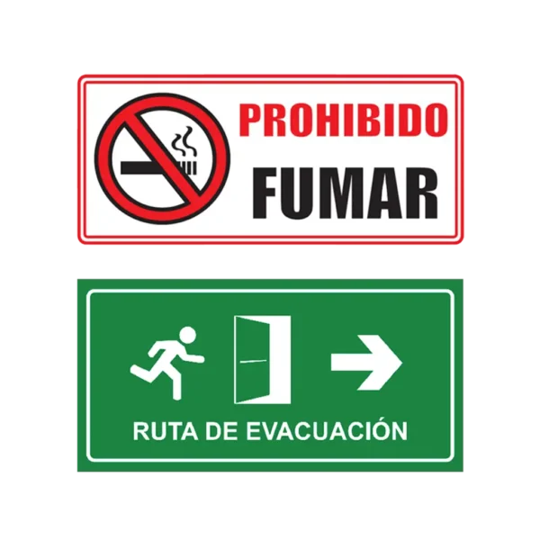 Avisos de señalización en poliestireno y señales fotoluminiscentes para evacuación y primeros auxilios