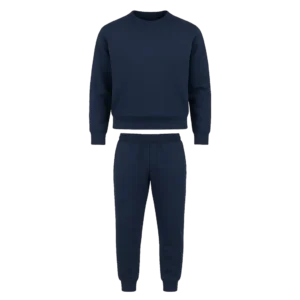 Sudadera económica de dos piezas en tela perchada importada, compuesta por buzo con cuello redondo y puños en rib, y pantalón con cintura resortada y bota en rib.