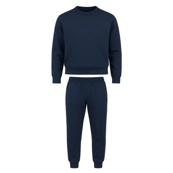 Sudadera económica de dos piezas en tela perchada importada, compuesta por buzo con cuello redondo y puños en rib, y pantalón con cintura resortada y bota en rib.